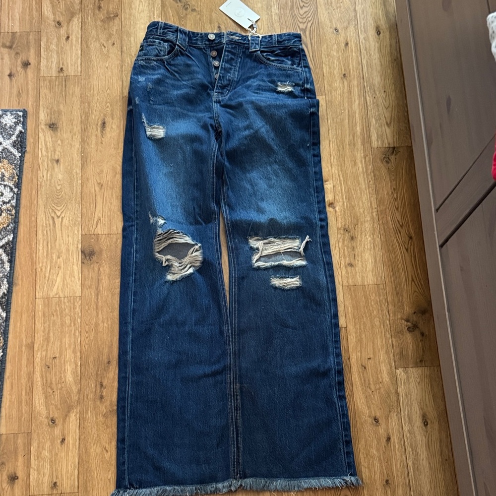 KanCan Dark Blue Distressed Wide Leg Jeans
